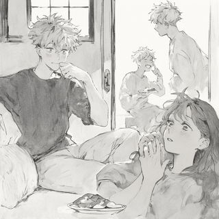 Pastel Fableline style, Midjourney V6.1: black-and-white manga comic strip