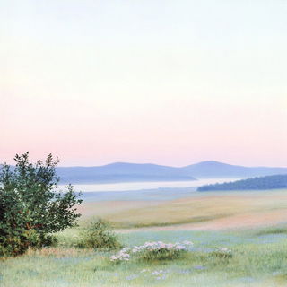 Pastel Fableline style, Midjourney V6.1: realistic landscape photograph of quiet dawn