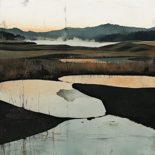 Celshibui style, Midjourney V6.1: realistic landscape photograph of quiet dawn