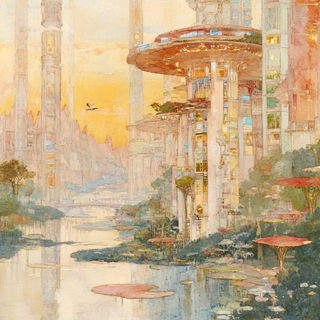 Forged Neon Midcentury style, Midjourney V6.1: megacity with futuristic bioarchitecture
