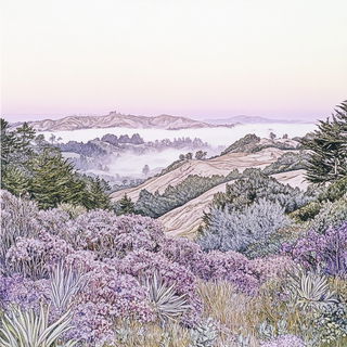 Glacioneon style, Midjourney V6.1: realistic landscape photograph of quiet dawn