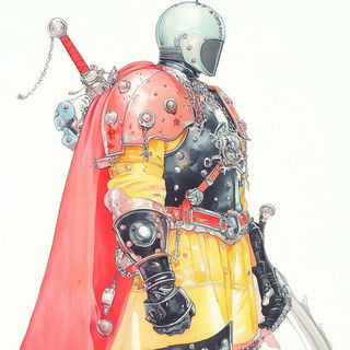 Inkshoujo style, Midjourney V6.1: concept art character design of retropunk steam knight