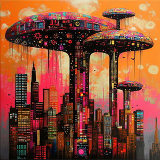 Balloonsamba style, Midjourney V6.1: megacity with futuristic bioarchitecture