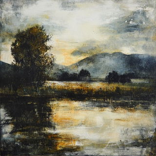 Lakeside Joinery style, Midjourney V6.1: realistic landscape photograph of quiet dawn