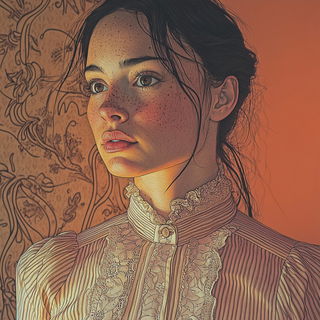 Gothicgild style, Midjourney V6.1: photographic portrait of female protagonist