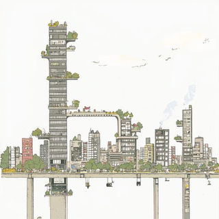 Balloonvale Gouache style, Midjourney V6.1: megacity with futuristic bioarchitecture