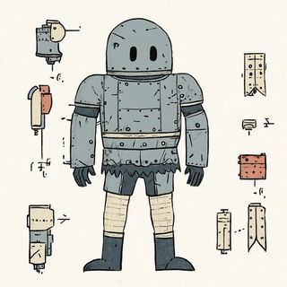 Balloonvale Gouache style, Midjourney V6.1: concept art character design of retropunk steam knight