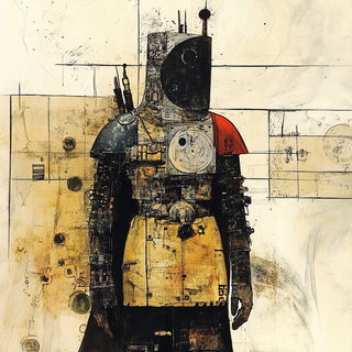 Carnival Ink Pilgrims style, Midjourney V6.1: concept art character design of retropunk steam knight