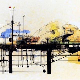 Carnival Ink Pilgrims style, Midjourney V6.1: technical infrastructure blueprint schematics
