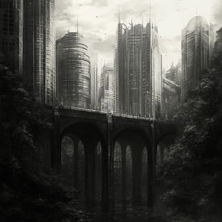 Engraved Megalopolis style, Midjourney V6.1: megacity with futuristic bioarchitecture