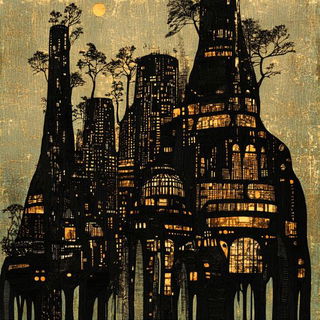Moonmarket Cartography style, Midjourney V6.1: megacity with futuristic bioarchitecture