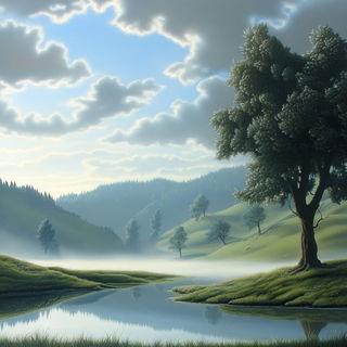 Chromafault style, Midjourney V6.1: realistic landscape photograph of quiet dawn