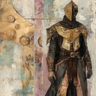 Relieflampism style, Midjourney V6.1: concept art character design of retropunk steam knight
