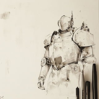 Fossilflare style, Midjourney V6.1: concept art character design of retropunk steam knight