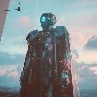 Gloampress style, Midjourney V6.1: concept art character design of retropunk steam knight