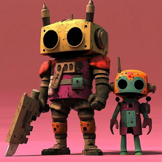 Mosaicroot style, Midjourney V6.1: concept art character design of retropunk steam knight
