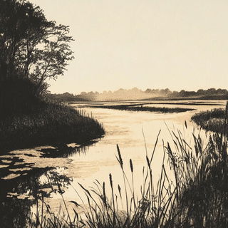 Astrofolia style, Midjourney V6.1: realistic landscape photograph of quiet dawn