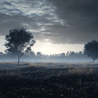 Patinomechanics style, Midjourney V6.1: realistic landscape photograph of quiet dawn
