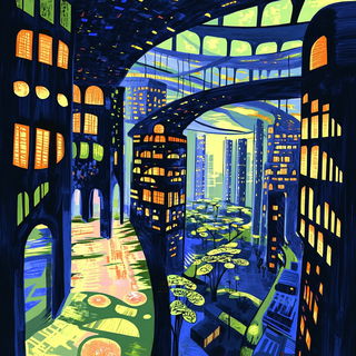 Sacred Tapestry Weave style, Midjourney V6.1: megacity with futuristic bioarchitecture