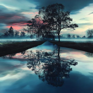 Dandelion Sounding style, Midjourney V6.1: realistic landscape photograph of quiet dawn
