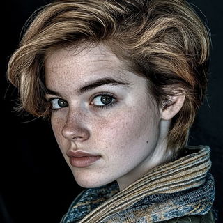 Cairnfolk style, Midjourney V6.1: photographic portrait of female protagonist
