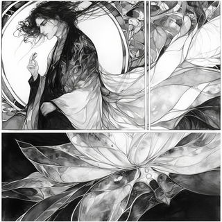 Chromabloom style, Midjourney V6.1: black-and-white manga comic strip