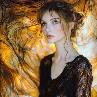 Chromabloom style, Midjourney V6.1: photographic portrait of female protagonist