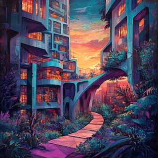 Fluoromosaic style, Midjourney V6.1: megacity with futuristic bioarchitecture