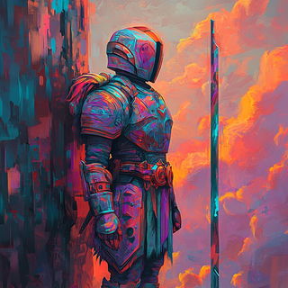 Fluoromosaic style, Midjourney V6.1: concept art character design of retropunk steam knight
