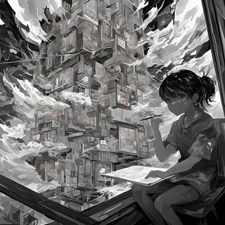 Fluoromosaic style, Midjourney V6.1: black-and-white manga comic strip