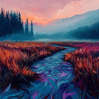 Fluoromosaic style, Midjourney V6.1: realistic landscape photograph of quiet dawn