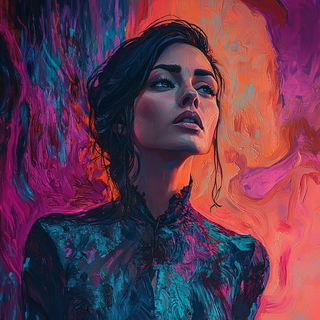Fluoromosaic style, Midjourney V6.1: photographic portrait of female protagonist