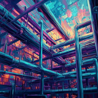 Fluoromosaic style, Midjourney V6.1: technical infrastructure blueprint schematics