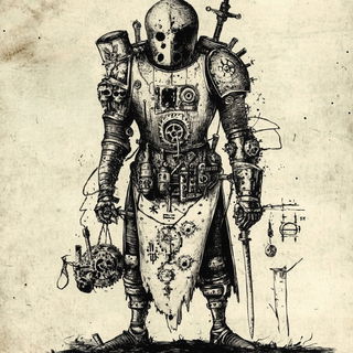 Phyllocontour style, Midjourney V6.1: concept art character design of retropunk steam knight