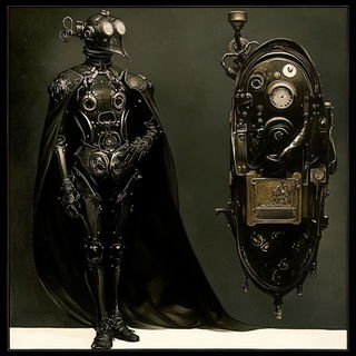 Mistral Concrete style, Midjourney V6.1: concept art character design of retropunk steam knight