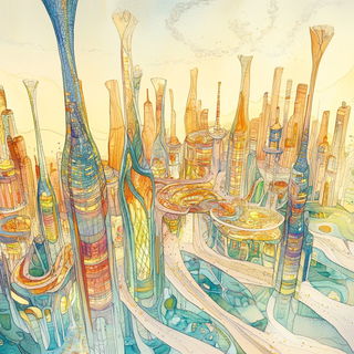 Tanglechromia style, Midjourney V6.1: megacity with futuristic bioarchitecture