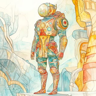 Tanglechromia style, Midjourney V6.1: concept art character design of retropunk steam knight