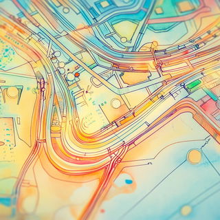 Tanglechromia style, Midjourney V6.1: technical infrastructure blueprint schematics