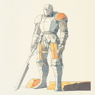 Sunsetkai style, Midjourney V6.1: concept art character design of retropunk steam knight
