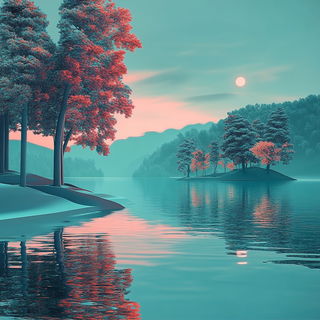 Cartocel style, Midjourney V6.1: realistic landscape photograph of quiet dawn