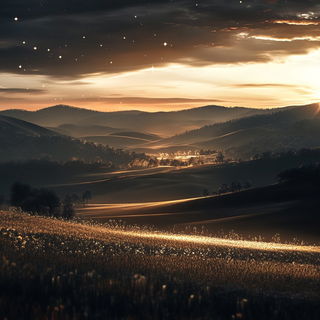 Gravurem style, Midjourney V6.1: realistic landscape photograph of quiet dawn