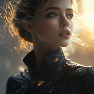 Gravurem style, Midjourney V6.1: photographic portrait of female protagonist
