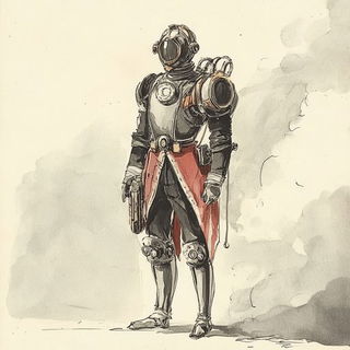 Raymane style, Midjourney V6.1: concept art character design of retropunk steam knight