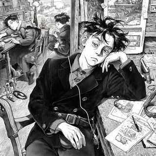 Tidebed Sunstrata style, Midjourney V6.1: black-and-white manga comic strip