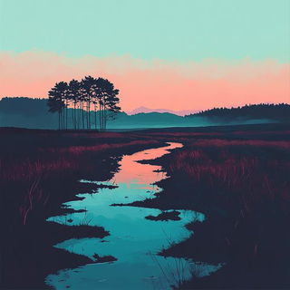Creamblock Imprint style, Midjourney V6.1: realistic landscape photograph of quiet dawn