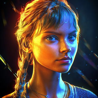 Saturated Fable Machines style, Midjourney V6.1: photographic portrait of female protagonist