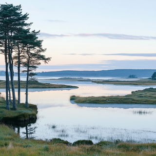 Blueletter Facework style, Midjourney V6.1: realistic landscape photograph of quiet dawn
