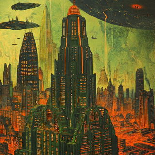 Chromalichen Screenprint style, Midjourney V6.1: megacity with futuristic bioarchitecture