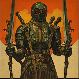 Chromalichen Screenprint style, Midjourney V6.1: concept art character design of retropunk steam knight