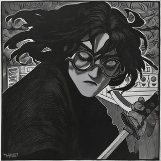Chromalichen Screenprint style, Midjourney V6.1: black-and-white manga comic strip